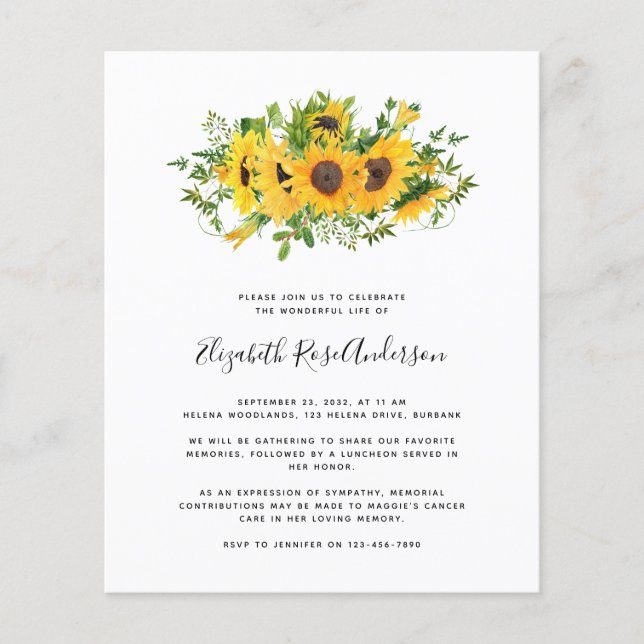Budget Sunflower Celebration of Life Invitation (Front)
