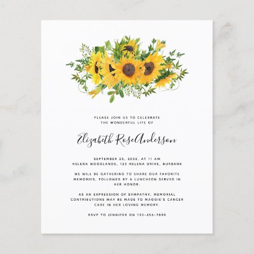 Budget Sunflower Celebration of Life Invitation