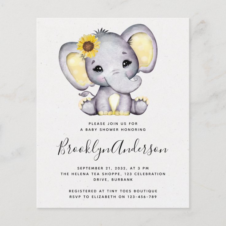 BUDGET Sunflower Elephant Baby Shower Invitation Zazzle