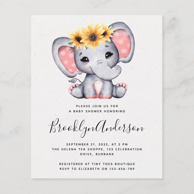 BUDGET Sunflower Elephant Baby Shower Invitation (Front)