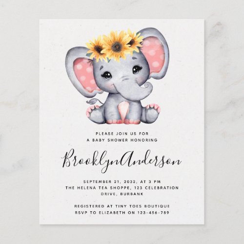 BUDGET Sunflower Elephant Baby Shower Invitation