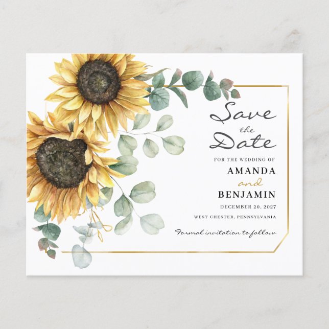 Budget Sunflower Eucalyptus Floral Save The Date (Front)