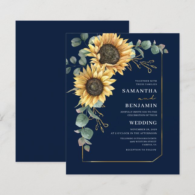 Budget Sunflower Eucalyptus Floral Wedding Invite (Front/Back)