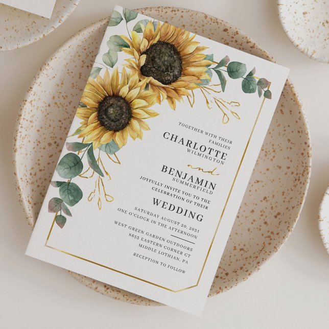Budget Sunflower Eucalyptus Floral Wedding Invite (Sunflower Eucalyptus Typography Botanical Wedding Invitation)