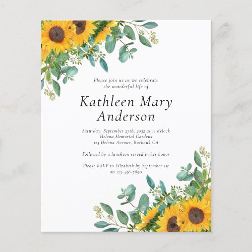 Budget Sunflower Eucalyptus Memorial Invitation