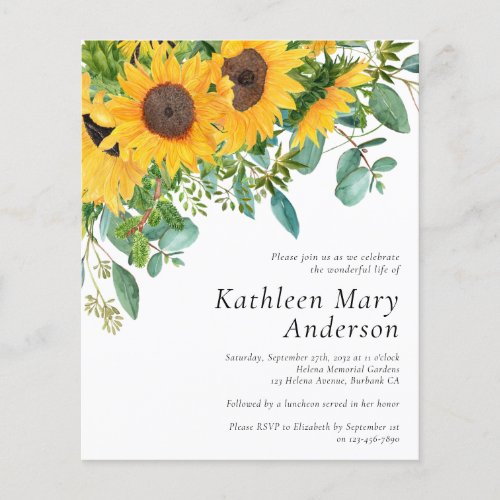 Budget Sunflower Eucalyptus Memorial Invitation