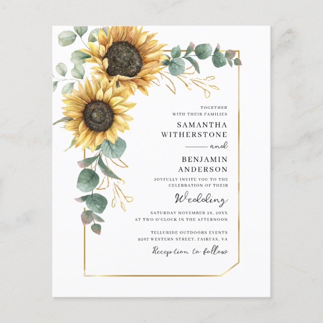 Budget Sunflower Eucalyptus QR Code Wedding Invite (Front)