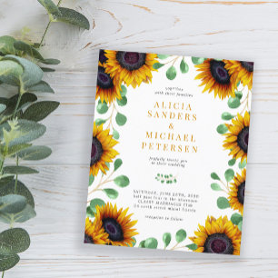 Budget sunflower eucalyptus wedding invitation