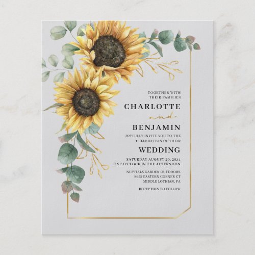 Budget Sunflower Eucalyptus Wedding Invitation Flyer