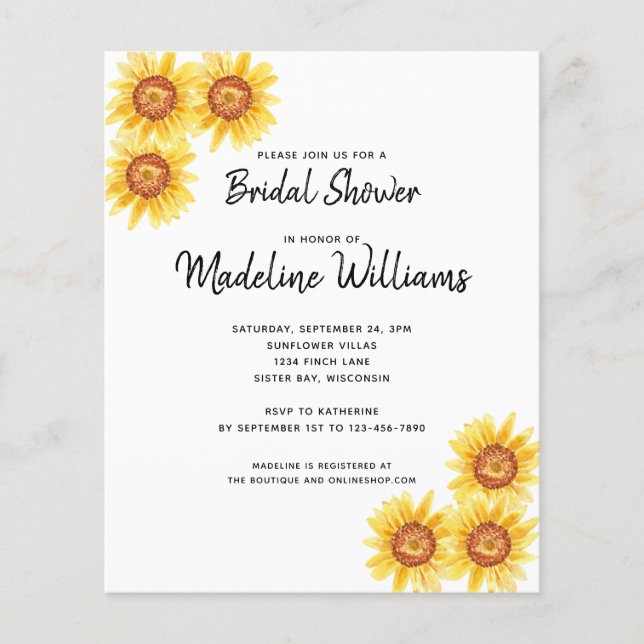 Budget Sunflower Floral Bridal Shower Invitation (Front)