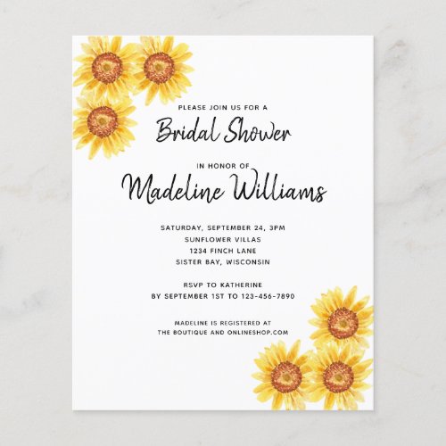 Budget Sunflower Floral Bridal Shower Invitation