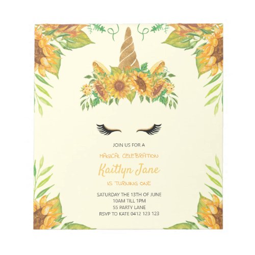 BUDGET Sunflower Floral Unicorn Yellow Invitation Notepad