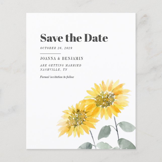Budget Sunflower Floral Wedding Save The Date (Front)