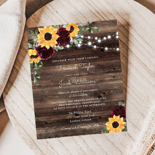 Budget Sunflower Roses Wood Wedding Invitation