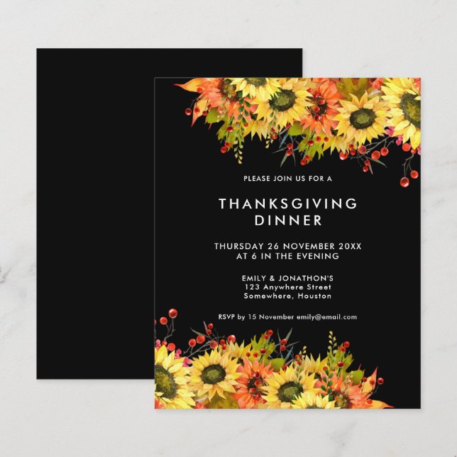 Budget Sunflower Thanksgiving Dinner Black Invite (Front/Back)