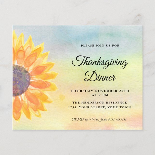 Budget Sunflower Thanksgiving Dinner Invitation (Front)