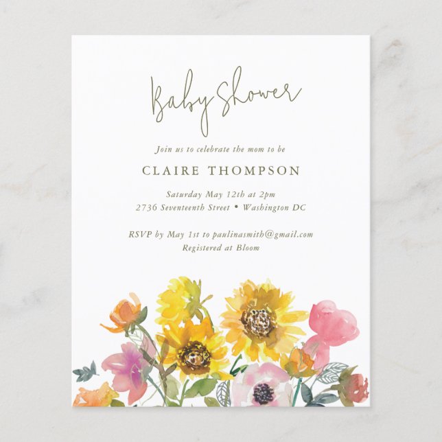 Budget Sunflower Watercolor Baby Shower Invitation (Front)