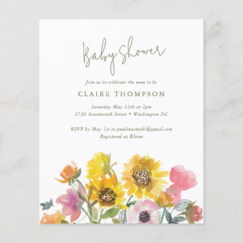 Budget Sunflower Watercolor Baby Shower Invitation