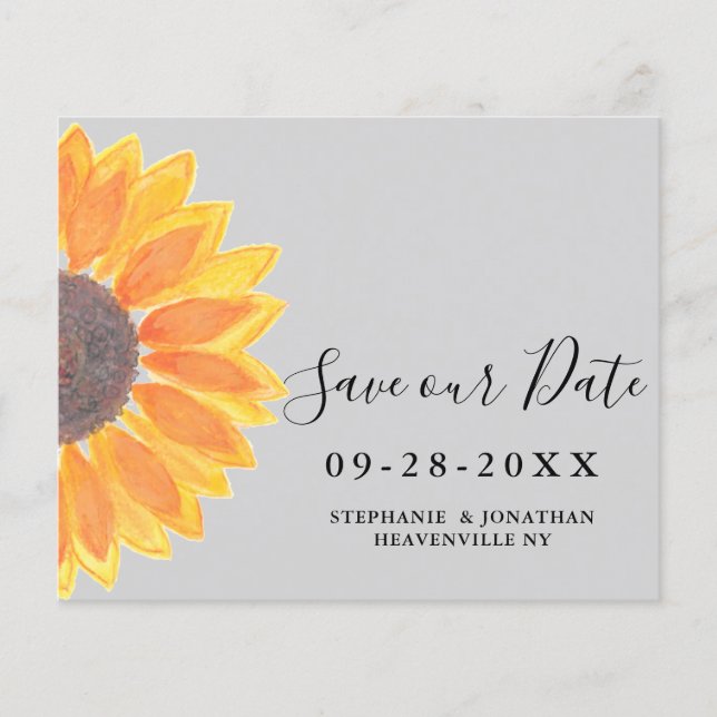 Budget Sunflower Wedding Gray Save Our Date Card (Front)