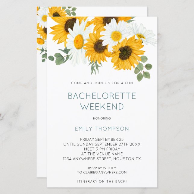 Budget Sunflower Weekend Bachelorette Party Invite (Front/Back)