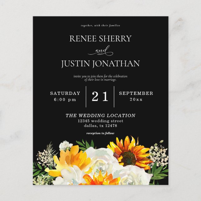 Budget Sunflower & White Rose Black Wedding Flyer (Front)