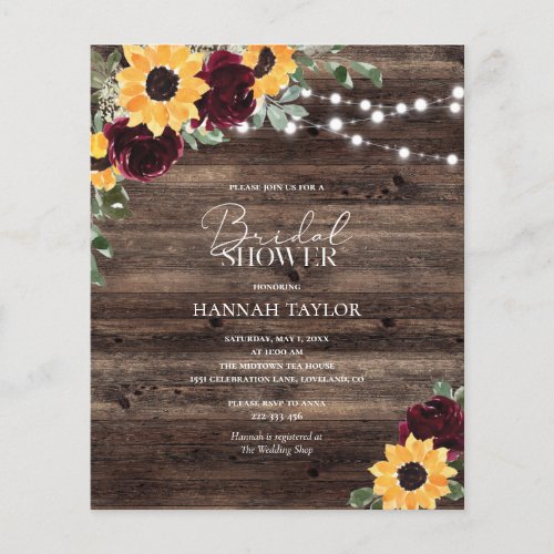 Budget Sunflower Wood Bridal Shower Invitation