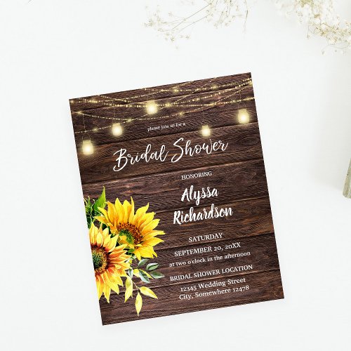 Budget Sunflower Wood Lights Bridal Shower Flyer