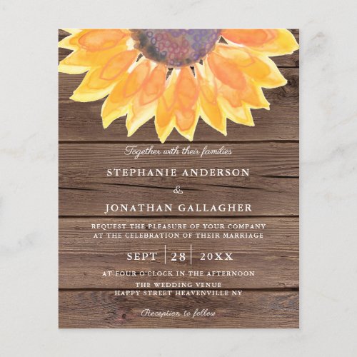 Budget Sunflower Wood QR Code Wedding Invitation