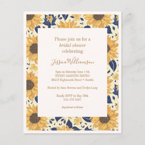 Budget Sunflower Yellow Blue Bridal Shower Invite