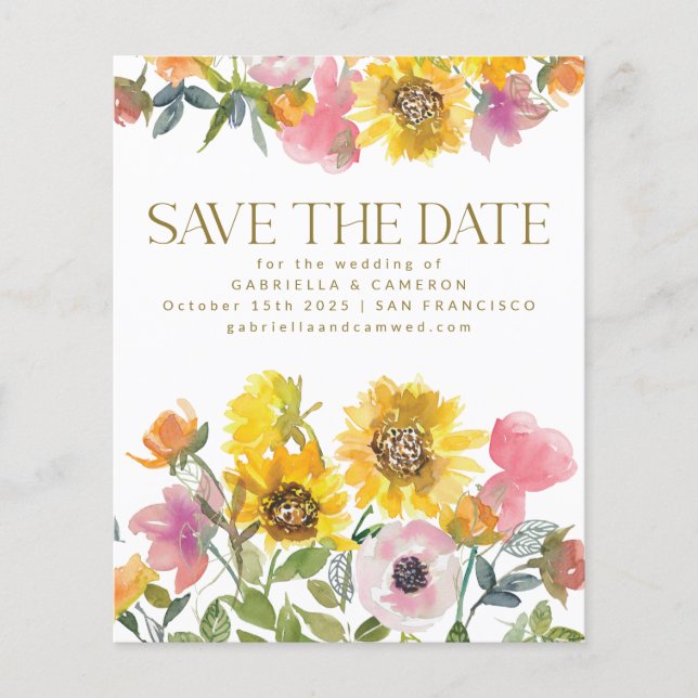 Budget Sunflower Yellow Watercolor Save The Date (Front)