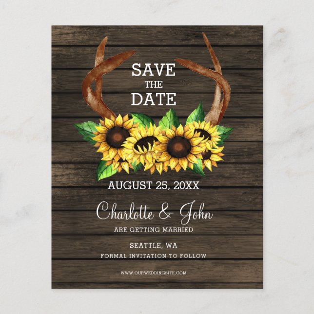 Budget Sunflowers Antlers Chic Save the Date (Front)