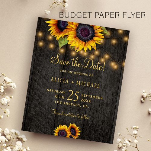 Budget sunflowers barn wood wedding save the date flyer