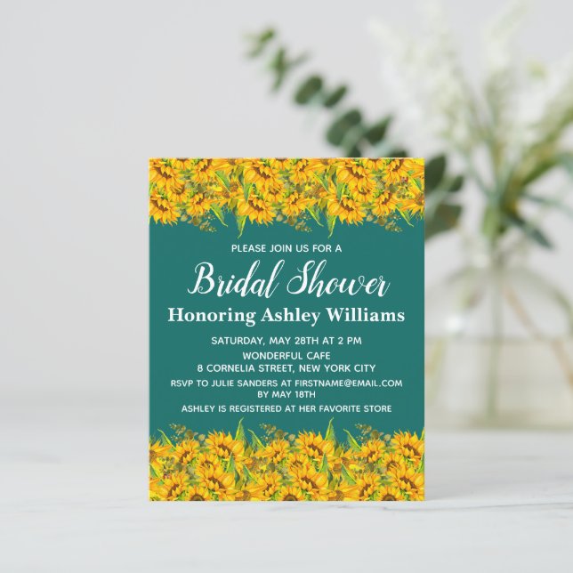 Budget Sunflowers Bridal Shower Invitation Jade (Standing Front)