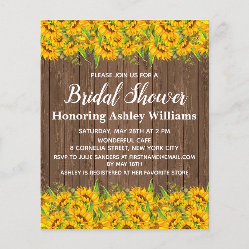 Budget Sunflowers Bridal Shower Invitations Wood