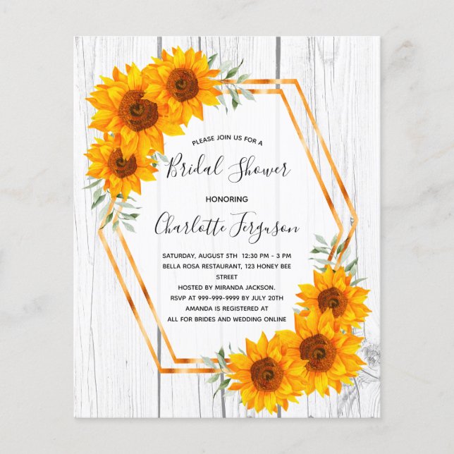 Budget Sunflowers Bridal Shower rustic geometrical (Front)