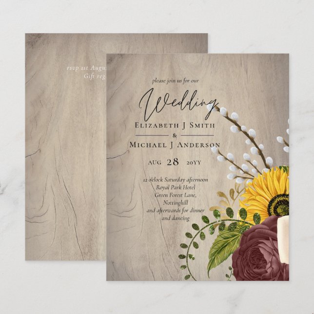 BUDGET Sunflowers Burgundy Marsala Wedding Invite (Front/Back)