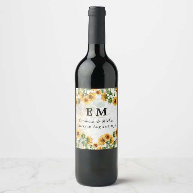 Budget SUNFLOWERS Dusty Blue Wedding Wine Label (Front)