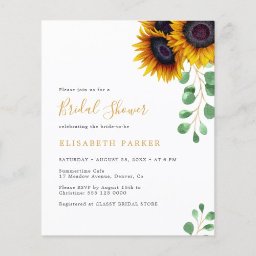 Budget sunflowers eucalyptus bridal shower invite flyer