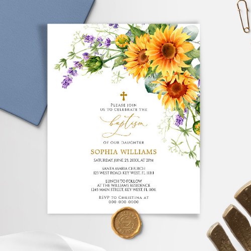 Budget Sunflowers  Lavander Baptism Invitation