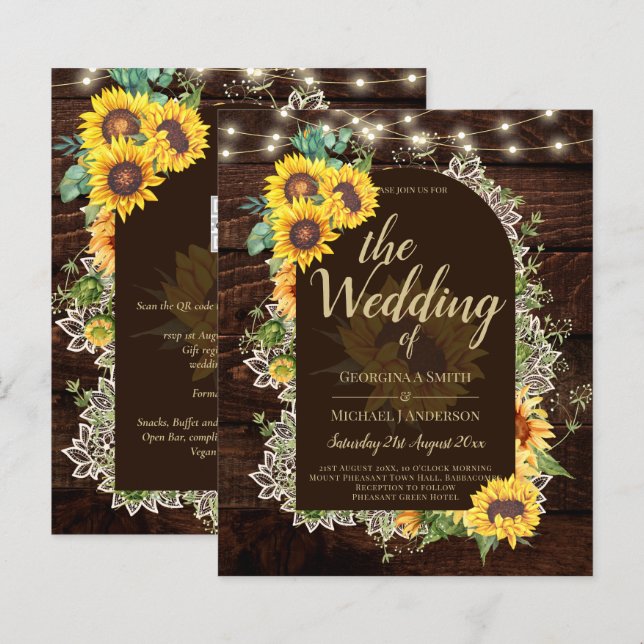 BUDGET Sunflowers Lights Lace Wedding INVITE (Front/Back)