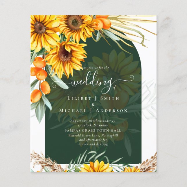 BUDGET Sunflowers Pampas Grass Green BOHo Wedding Flyer (Front)