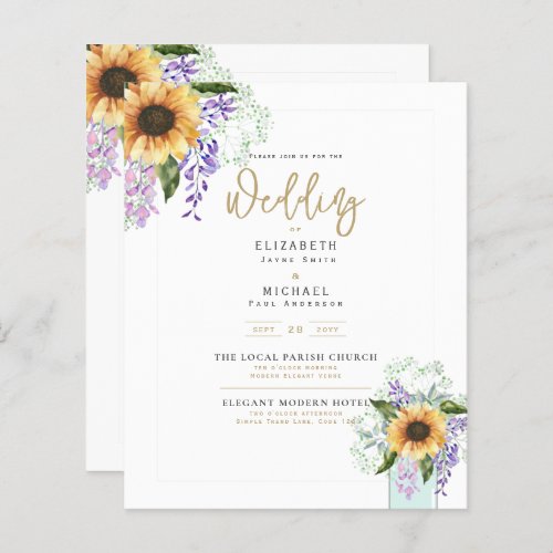Budget Sunflowers Purple Floral Wedding Invite