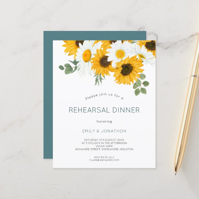 Budget Sunflowers Rehearsal Dinner Invitation (Front/Back In Situ)