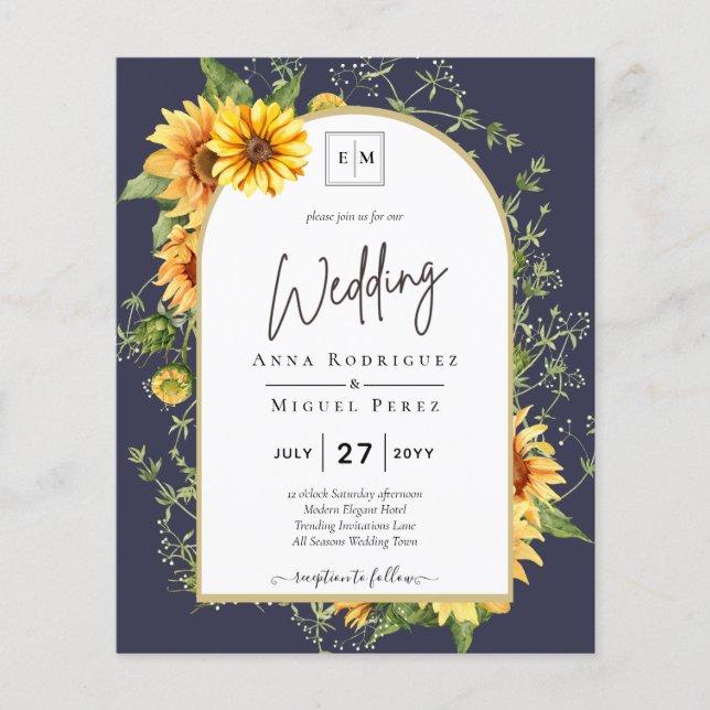 BUDGET Sunflowers Wedding Invite QR Code RSVP  Flyer (Front)