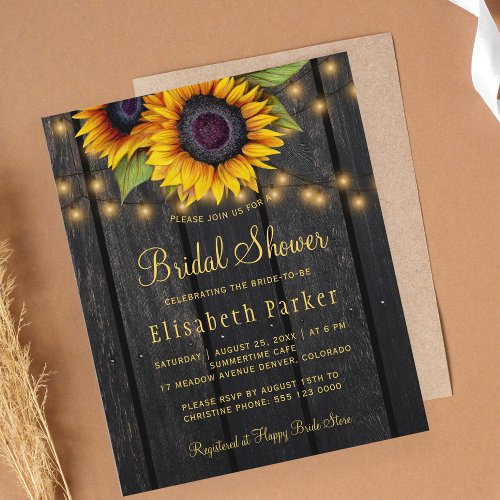 Budget sunflowers wood bridal shower invitation