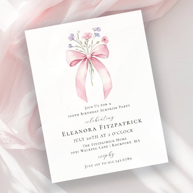 BUDGET SURPRISE 100th Birthday Pink Bow Invite (Creator Uploaded)