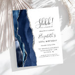 Budget Surprise 30th Birthday Party Blue Agate<br><div class="desc">The left-hand edge of this elegant surprise birthday party invitation features a navy blue watercolor agate border trimmed with faux silver glitter. The customizable text combines handwriting,  copperplate and italic fonts in charcoal gray on a white background. The reverse side features a matching navy blue and silver agate design.</div>