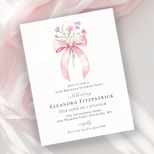 BUDGET SURPRISE 50th Birthday Pink Bow Invite (Creator Uploaded)