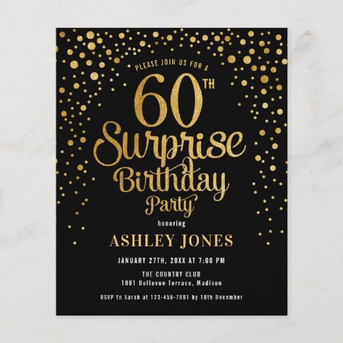 Budget Surprise 60th Birthday Black  Gold Invite Flyer