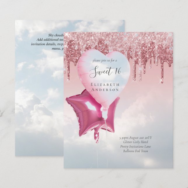 BUDGET Sweet16 Glitter Glamor Girly Balloons Invit (Front/Back)
